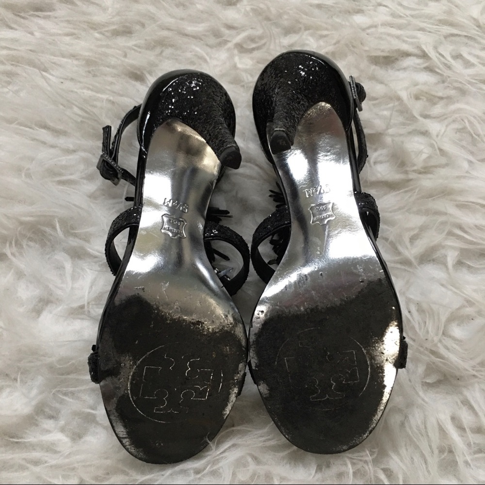 Tory Burch Black Evelyn Sequin Fringe Heels - Picture 5 of 6
